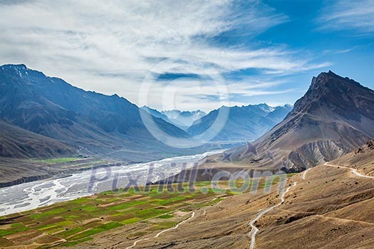 View of Spiti valley and Spiti river in Himalayas. Spiti valley, Himachal Pradesh, India