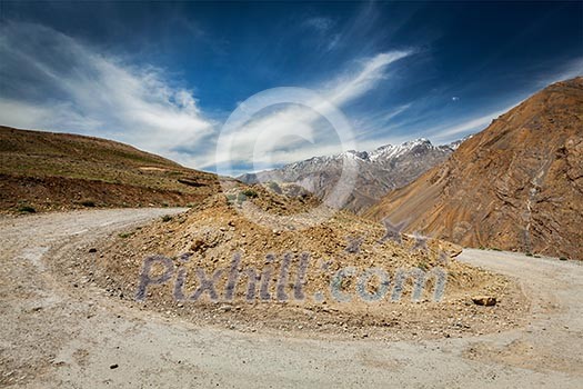 Road turn in Himalayas. Spiti Valley, Himachal Pradesh, India Road turn in Himalayas. Spiti Valley, Himachal Pradesh, India
