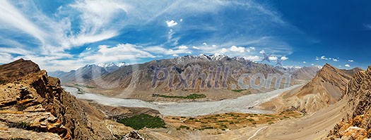 Panorama of Spiti valley in Himalayas. Himachal Pradesh, India