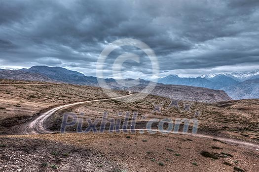High dynamic range HDR image of road in Himalayas. Spiti Valley, Himachal Pradesh, India