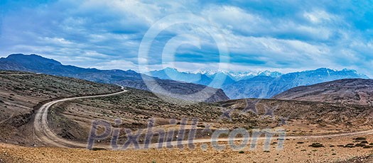 Panorama of road in Himalayas. Spiti Valley, Himachal Pradesh, India Panorama of road in Himalayas. Spiti Valley, Himachal Pradesh, India