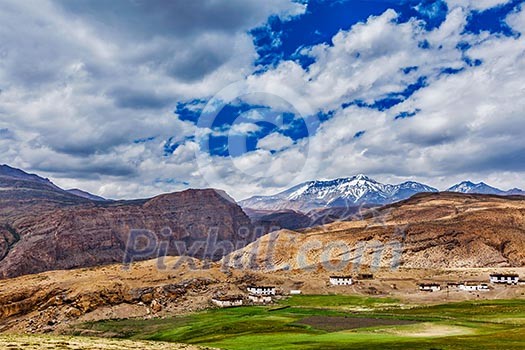 Himalayan village in Himalayas mountains. Spiti valley, Himachal Pradesh, India