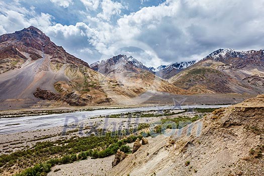 View of Spiti valley and Spiti river in Himalayas. Spiti valley, Himachal Pradesh, India