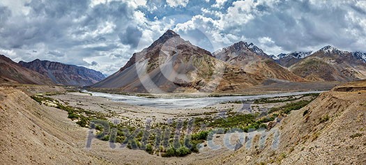 View of Spiti valley and Spiti river in Himalayas. Spiti valley, Himachal Pradesh, India