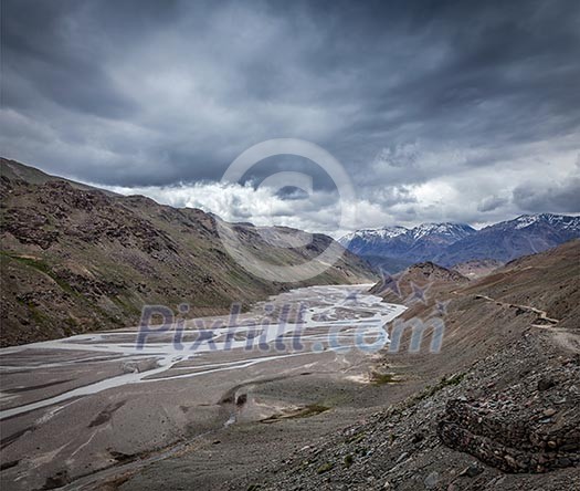 View of Spiti valley and Spiti river in Himalayas. Spiti valley, Himachal Pradesh, India