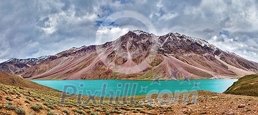 Panorama of mountain lake Chandra Tal in Himalayas. Himachal Pradesh, India Panorama of mountain lake Chandra Tal in Himalayas. Himachal Pradesh, India