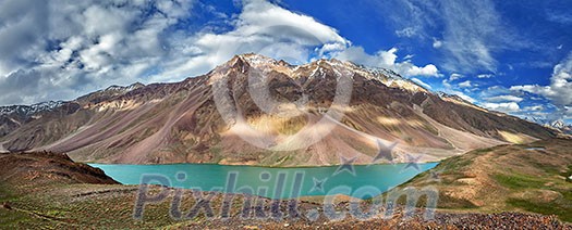 Panorama of mountain lake Chandra Tal in Himalayas. Himachal Pradesh, India Panorama of mountain lake Chandra Tal in Himalayas. Himachal Pradesh, India