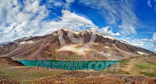 Panorama of mountain lake Chandra Tal in Himalayas. Himachal Pradesh, India Panorama of mountain lake Chandra Tal in Himalayas. Himachal Pradesh, India