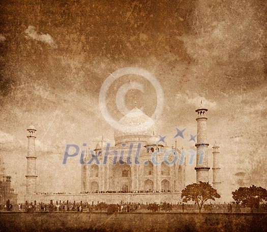 Taj Mahal. Indian Symbol - India travel background with grunge texture overlaid. Agra, India Taj Mahal. Indian Symbol - India travel background with grunge texture overlaid. Agra, India