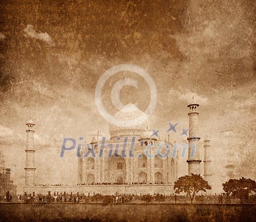 Taj Mahal. Indian Symbol - India travel background with grunge texture overlaid. Agra, India