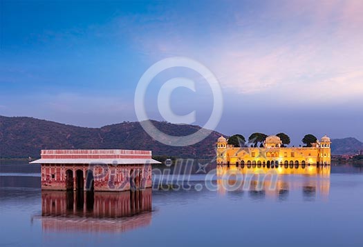 Rajasthan landmark - Jal Mahal Water Palace on Man Sagar Lake in the evening in twilight. Jaipur, Rajasthan, India Rajasthan landmark - Jal Mahal Water Palace on Man Sagar Lake in the evening in twilight. Jaipur, Rajasthan, India
