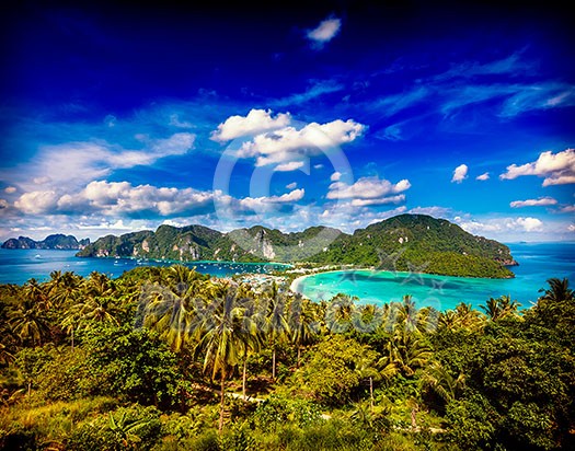 Vintage retro hipster style travel image of Travel vacation background - Tropical island with resorts - Phi-Phi island, Krabi Province, Thailand Vintage retro hipster style travel image of Travel vacation background - Tropical island with resorts - Phi-Phi island, Krabi Province, Thailand