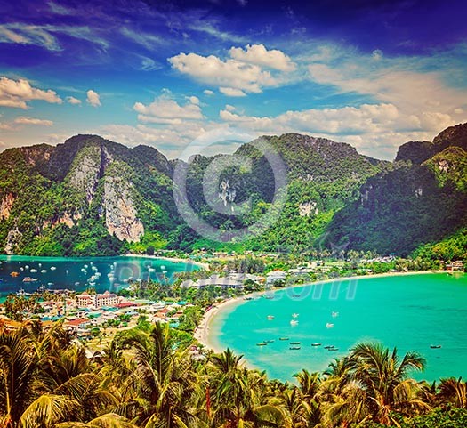 Vintage retro hipster style travel image of Travel vacation background - Tropical island with resorts - Phi-Phi island, Krabi Province, Thailand