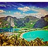 Vintage retro hipster style travel image of Travel vacation background - Tropical island with resorts - Phi-Phi island, Krabi Province, Thailand