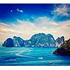 Vintage retro effect filtered hipster style travel image of aerial view of Phi Phi Leh island in Andaman Sea, Krabi Thailand