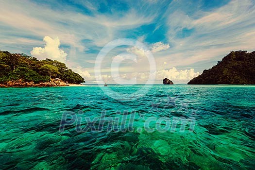 Vintage retro effect filtered hipster style travel image of tropical islands. Andaman Sea, Krabi, Thailand