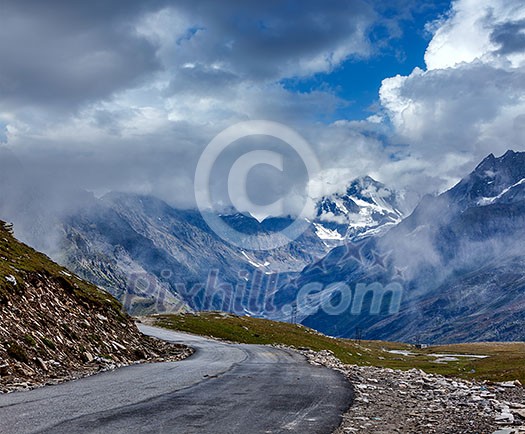 Road in Himalayas. Rohtang La pass, Himachal Pradesh, India