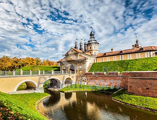 Belarusian tourist landmark attraction Nesvizh Castle - medieval castle in Nesvizh, Belarus Belarusian tourist landmark attraction Nesvizh Castle - medieval castle in Nesvizh, Belarus
