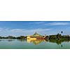 Panorama of Karaweik - replica of a Burmese royal barge and Kandawgyi Lake, Yangon, Myanmar Burma