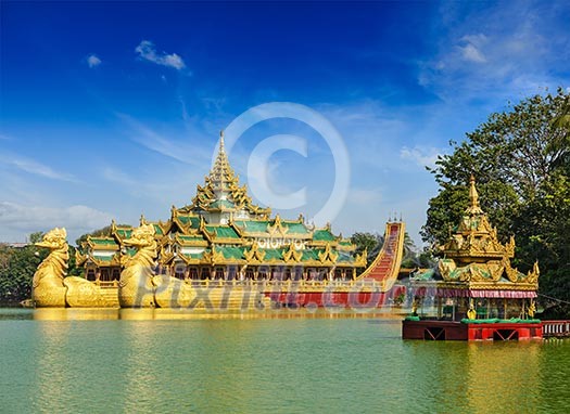 Yangon icon landmark and tourist attraction Karaweik - replica of a Burmese royal barge at Kandawgyi Lake, Yangon, Myanmar Burma Yangon icon landmark and tourist attraction Karaweik - replica of a Burmese royal barge at Kandawgyi Lake, Yangon, Myanmar Burma