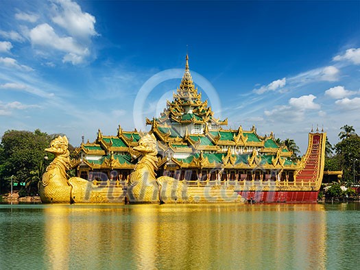 Yangon icon landmark and tourist attraction Karaweik - replica of a Burmese royal barge at Kandawgyi Lake, Yangon, Myanmar Burma Yangon icon landmark and tourist attraction Karaweik - replica of a Burmese royal barge at Kandawgyi Lake, Yangon, Myanmar Burma