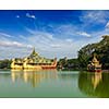 Yangon icon landmark and tourist attraction  Karaweik - replica of a Burmese royal barge at Kandawgyi Lake, Yangon, Myanmar Burma