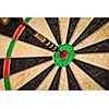 Success hitting target aim goal achievement concept background - dart in bull's eye close up