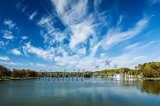 Kamsamolskaje Voziera artificial lake with blue sky in Minsk, Belarus Kamsamolskaje Voziera artificial lake with blue sky in Minsk, Belarus