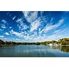 Kamsamolskaje Voziera artificial lake with blue sky in Minsk, Belarus