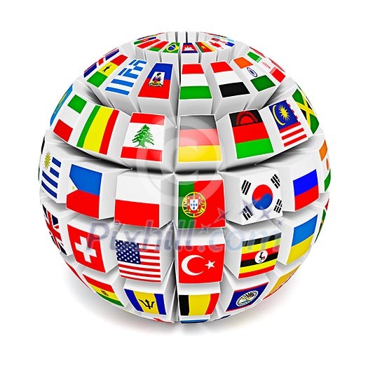 Travel and international business concept - 3d globe sphere with lags of the world on white background Travel and international business concept - 3d globe sphere with lags of the world on white background