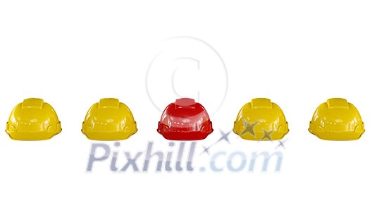 line of yellow safety helmets hard hats of construction workers with a red one isolated on white