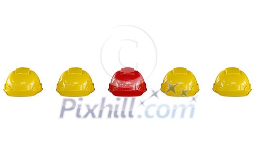 line of yellow safety helmets hard hats of construction workers with a red one isolated on white line of yellow safety helmets hard hats of construction workers with a red one isolated on white