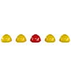 line of yellow safety helmets hard hats of construction workers with a red one isolated on white