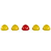line of yellow safety helmets hard hats of construction workers with a red one isolated on white