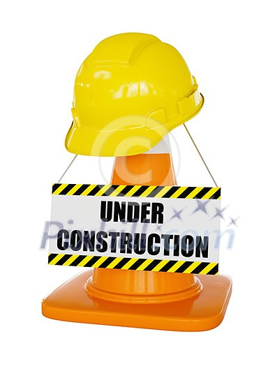 Under construction concept background - yellow hard hat on orange highway traffic construction cone with white stripes with plate isolated on white Under construction concept background - yellow hard hat on orange highway traffic construction cone with white stripes with plate isolated on white