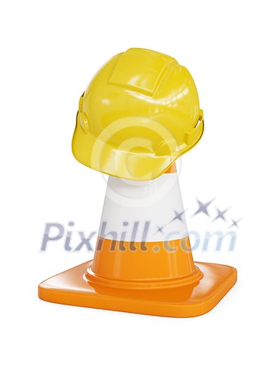Under construction concept background - yellow hard hat on orange highway traffic construction cone with white stripes isolated on white Under construction concept background - yellow hard hat on orange highway traffic construction cone with white stripes isolated on white