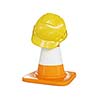 Under construction concept background - yellow hard hat on orange highway traffic construction cone with white stripes isolated on white