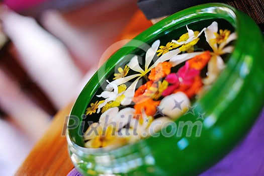 water cup with beautiful flowers, a variety of background colors in spa health and beauty center water cup with beautiful flowers, a variety of background colors in spa health and beauty center