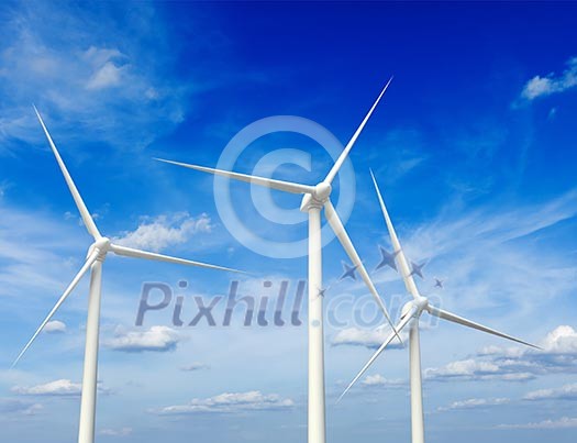 Green renewable energy concept - wind generator turbines in sky Green renewable energy concept - wind generator turbines in sky