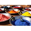 Colored colorful powder kumkum on Indian bazaar for holi festival celebration