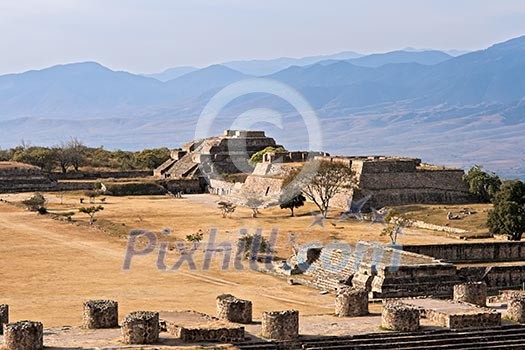 Ancient ruins on plateau Monte Alban in Mexico