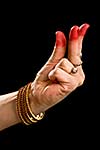 Woman hand showing Kangula hasta (hand gesture, also called mudra)  (meaning 'Tail') of indian classic dance Bharata Natyam. Also used in other indian classical dances Kuchipudi and Odissi.