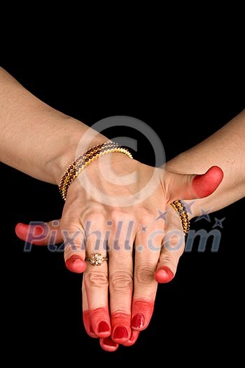 Woman hand showing Varaha hasta of indian classic dance Bharata Natyam Woman hand showing Varaha hasta of indian classic dance Bharata Natyam