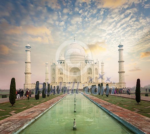 Taj Mahal on sunrise sunset, Indian Symbol - India travel background. Agra, Uttar Pradesh, India