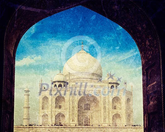 Vintage retro hipster style travel image of Taj Mahal through arch, Indian Symbol - India travel background. Agra, Uttar Pradesh, India with grunge texture overlaid