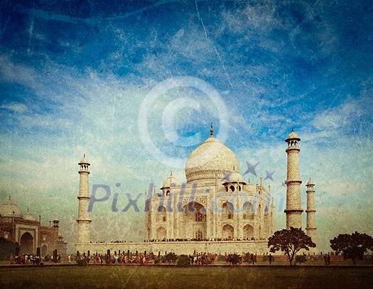 Vintage retro hipster style travel image of 
Taj Mahal. Indian Symbol - India travel background with grunge texture overlaid. Agra, India