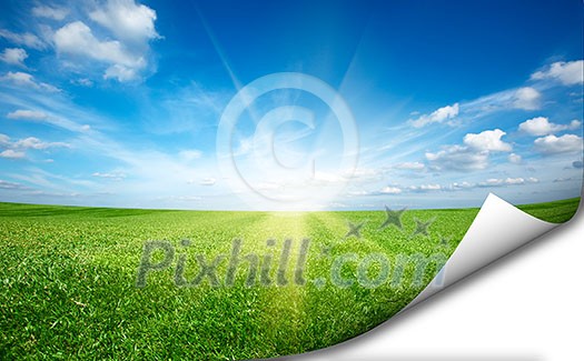 Ssun and green fresh grass field blue sky  with folded corner copyspace