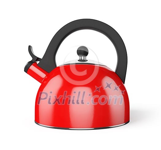 Red stovetop whistling kettle isolated on white background Red stovetop whistling kettle isolated on white background