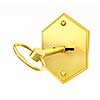 Safety concept - golden safe key in keyhole on white