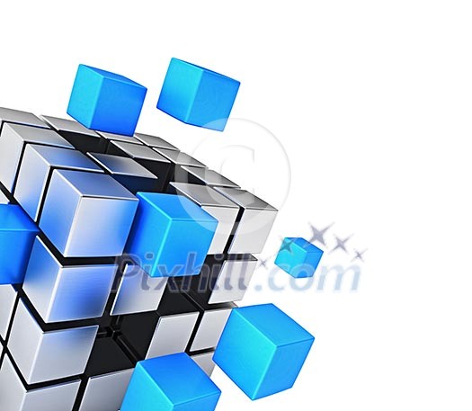 Business teamwork internet communication concept - cubes assembling into metal cubic structure isolated on white close up with copy space